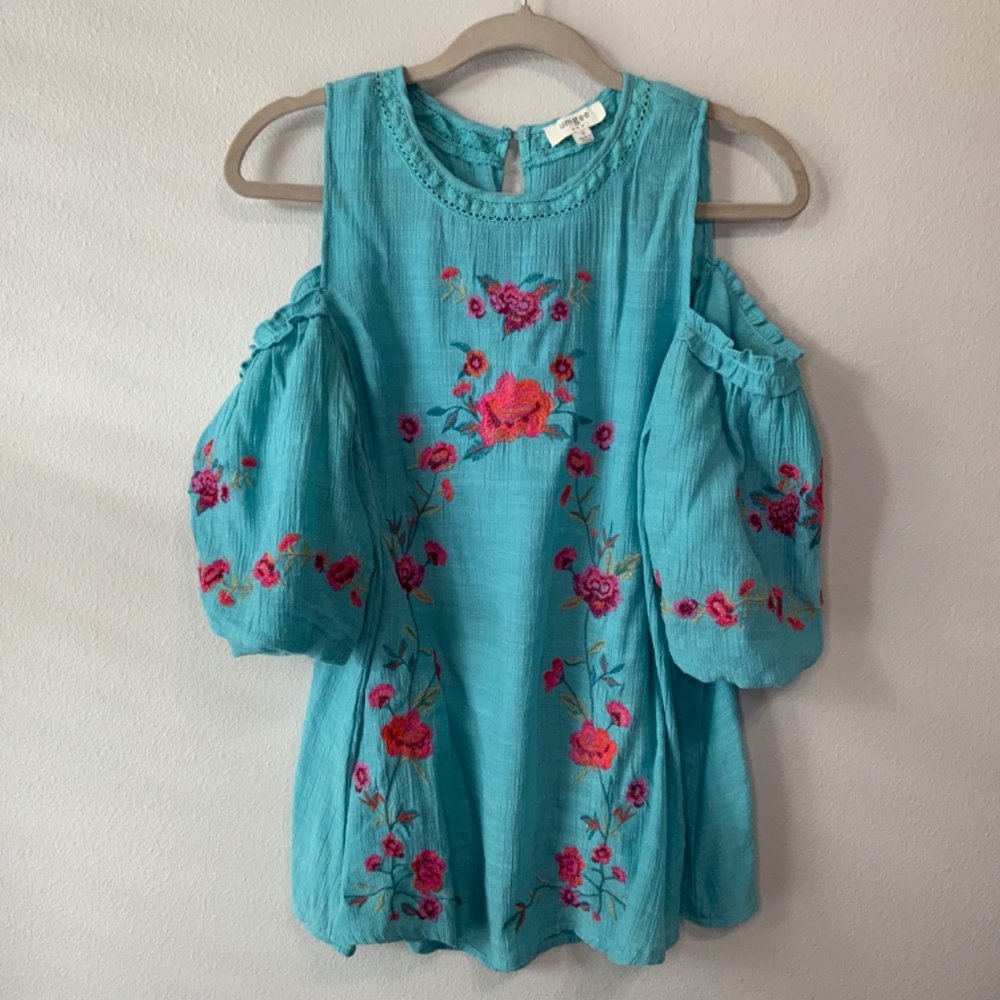 Umgee Cold Shoulder Elbow Length Puff Sleeve Blue Floral Embroidered Top Tunic